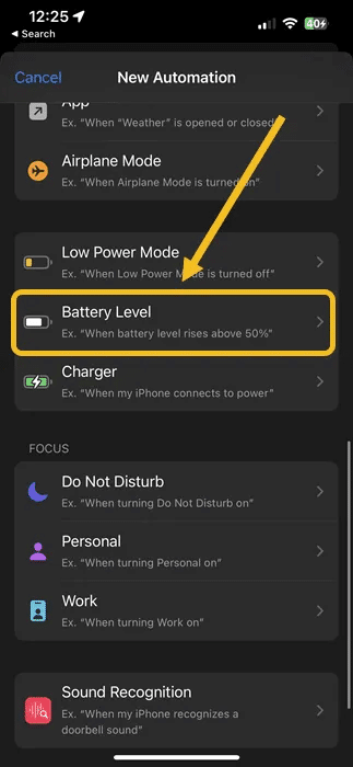Shortcuts-app-select-Battery-Level.png كيف تجعل iPhone يخطرك عندما تكون البطارية عند 80٪
