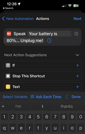 Shortcuts-app-select-Speak-Text-1.png كيف تجعل iPhone يخطرك عندما تكون البطارية عند 80٪