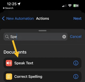 Shortcuts-app-select-Speak.png كيف تجعل iPhone يخطرك عندما تكون البطارية عند 80٪