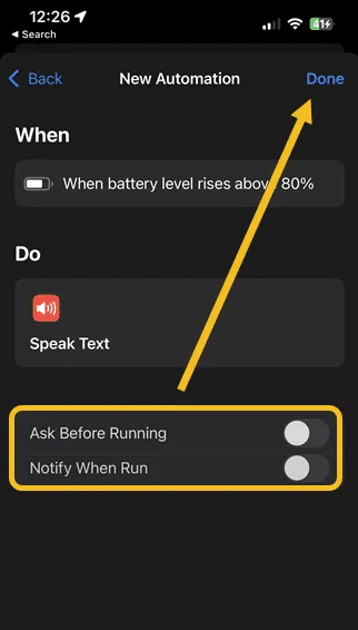 Shortcuts-finalizing-the-automation.png كيف تجعل iPhone يخطرك عندما تكون البطارية عند 80٪
