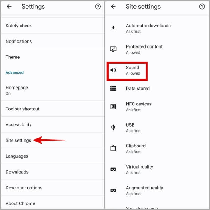 Sound-Permission-for-Websites-in-Chrome-for-Android أفضل 7 طرق لإصلاح عدم وجود صوت في Google Chrome لنظام Android