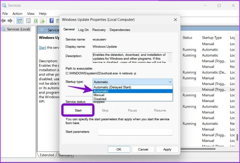 Startup-type-and-Service-status-768x522-1 كيفية إصلاح عدم تثبيت الميزات الاختيارية على Windows 11
