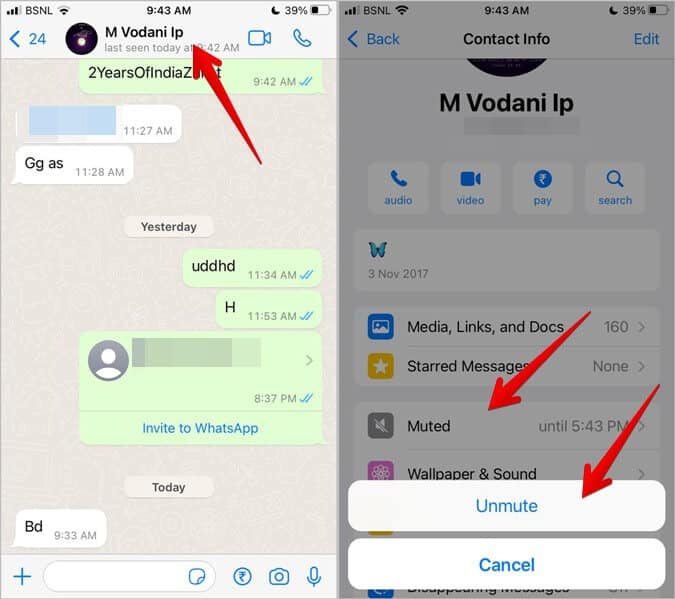 WhatsApp-iPhone-Unmute-Chat-Notifications كيفية إلغاء كتم صوت الدردشات والحالة والمكالمات على WhatsApp