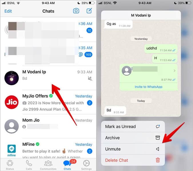 WhatsApp-iPhone-Unmute-Chat كيفية إلغاء كتم صوت الدردشات والحالة والمكالمات على WhatsApp