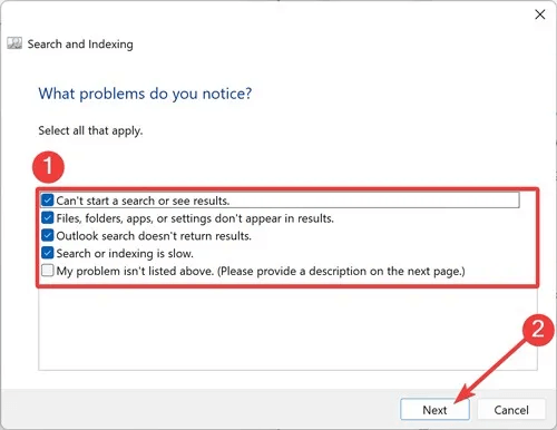 Windows-Indexing-Select-the-Issues.jpg 5 طرق لإصلاح خطأ Windows "تم إيقاف الفهرسة مؤقتًا"