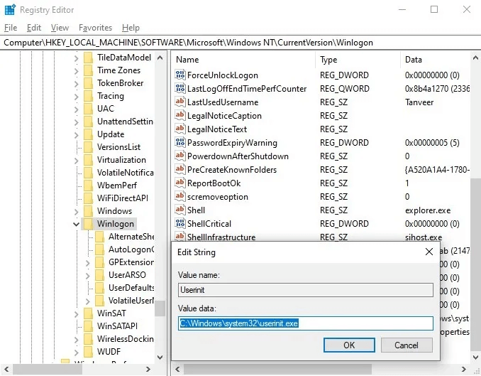 Windows-script-host-registry-userinit-value.jpg كيفية إصلاح خطأ Windows Script Host