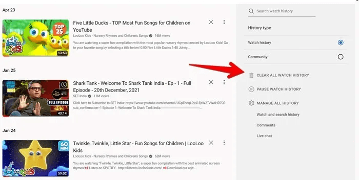 YouTube-Computer-Clear-All-History.jpg كيفية الإيقاف المؤقت ومسح سجل YouTube