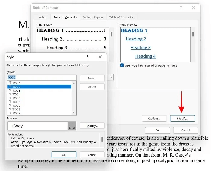 add-toc-word-pc-modify-style.jpg كيفية إضافة جدول محتويات في Microsoft Word
