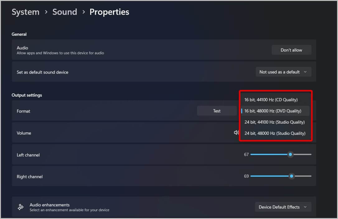 changing-the-format-of-audio-device-3 كيفية ضبط قنوات الصوت اليمنى واليسرى على Windows 11 و 10