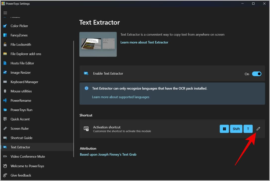 changing-the-text-extractor-shortcut- كيفية استخراج النص من أي مكان على Windows 11/10