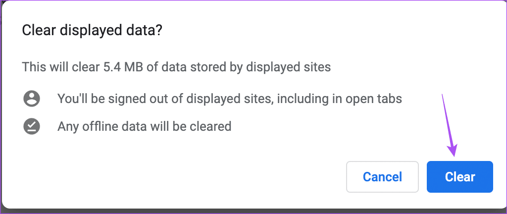 clear-displayed-data-chrome-settings أفضل 7 إصلاحات لعدم تحميل Microsoft OneDrive في المتصفح على Windows 11