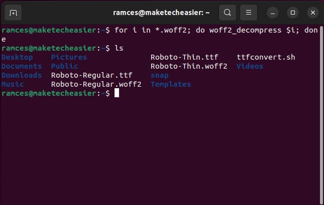 convert-fonts-ubuntu-15-mass-woff2-conversion كيفية تحويل الخطوط إلى تنسيق ttf. في Ubuntu
