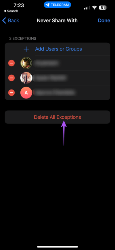 delete-all-exceptions-profile-picture-settings-telegram-iphone-473x1024-1 كيفية إخفاء صورة ملف تعريف من سطح مكتب وجوال لجهات اتصال محددة على Telegram