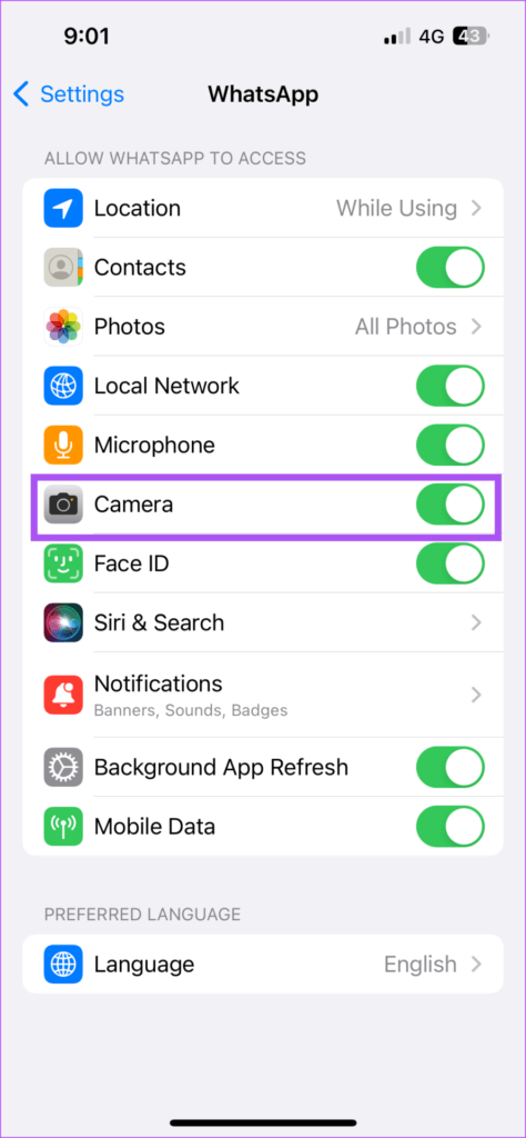 enable-camera-access-for-whatsapp-iphone-474x1024-1 أفضل 7 إصلاحات لعدم عمل الكاميرا الأمامية لمكالمات فيديو WhatsApp على iPhone