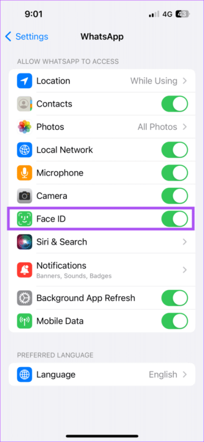 face-id-whatsapp-settings-iphone-474x1024-1-e1672688961234 أفضل 7 إصلاحات لعدم عمل الكاميرا الأمامية لمكالمات فيديو WhatsApp على iPhone