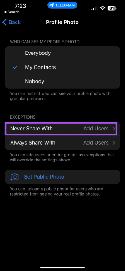 hide-profile-picture-from-specific-contacts-telegram-iphone-473x1024-1 كيفية إخفاء صورة ملف تعريف من سطح مكتب وجوال لجهات اتصال محددة على Telegram