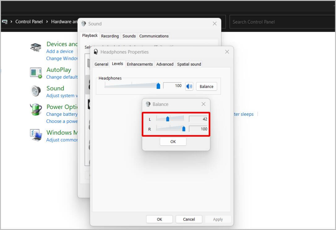 left-and-right-channels-on-Control-Panel كيفية ضبط قنوات الصوت اليمنى واليسرى على Windows 11 و 10