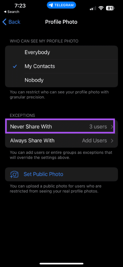 never-share-with-profile-picture-settings-telegram-iphone-473x1024-1 كيفية إخفاء صورة ملف تعريف من سطح مكتب وجوال لجهات اتصال محددة على Telegram