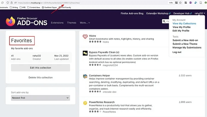 note-the-collection-unique-number-and-name-Firefox.jpg كيفية تثبيت أي وظيفة إضافية في Firefox لنظام Android