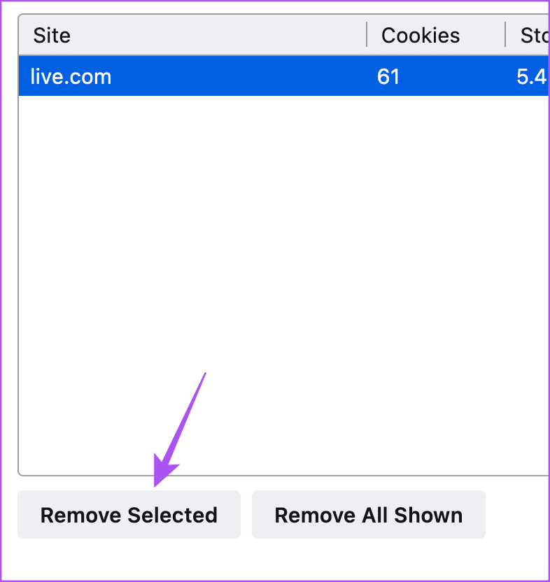 remove-selected-website-cookie-firefox-onedrive أفضل 7 إصلاحات لعدم تحميل Microsoft OneDrive في المتصفح على Windows 11