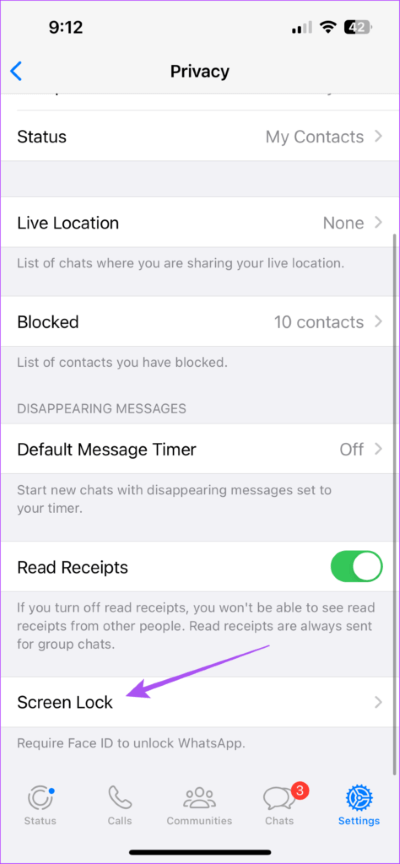 screen-lock-settings-whatsapp-474x1024-1 أفضل 7 إصلاحات لعدم عمل الكاميرا الأمامية لمكالمات فيديو WhatsApp على iPhone