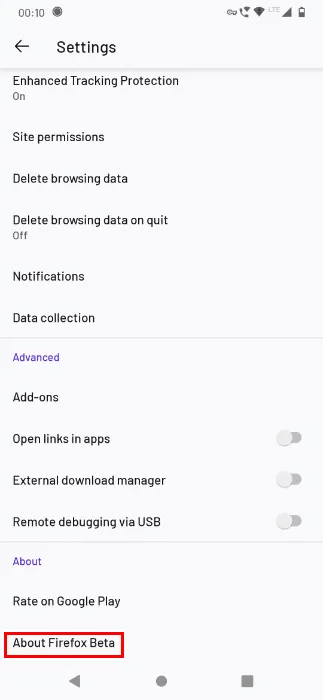 tap-about-firefox-beta.png كيفية تثبيت أي وظيفة إضافية في Firefox لنظام Android