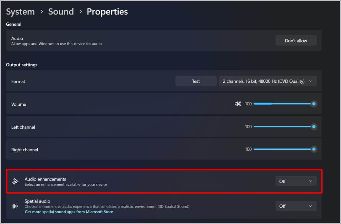 turning-off-audio-enhancemenets-on-Windows-settings كيفية ضبط قنوات الصوت اليمنى واليسرى على Windows 11 و 10