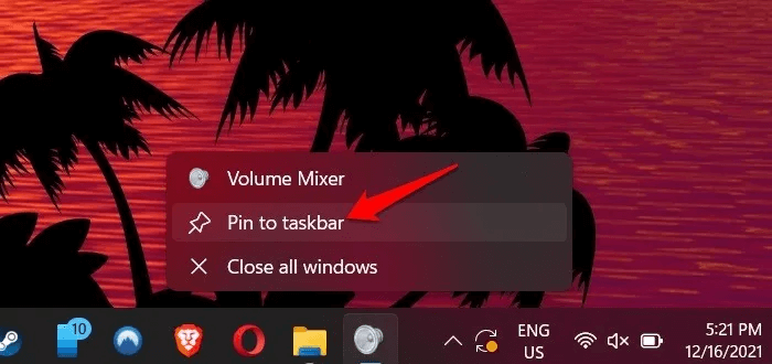 windows-11-pin-volume-mixer-taskbar.jpg كيفية الحصول على Classic Volume Mixer مرة أخرى في Windows 11