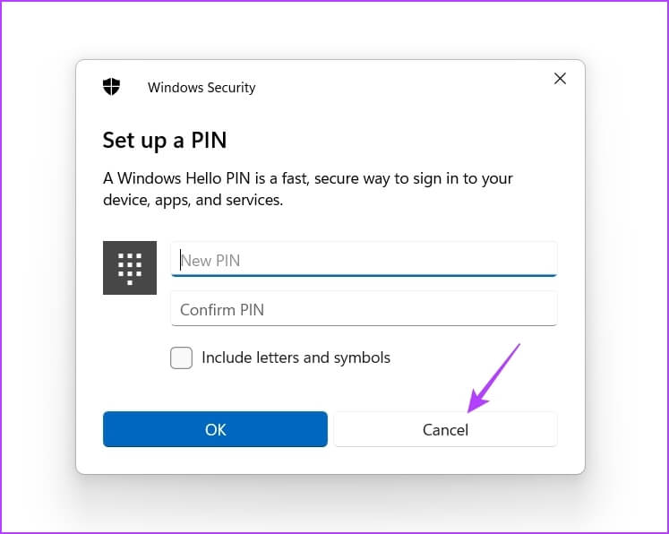 Cancel-Button كيفية إزالة PIN عند تسجيل الدخول في Windows 11
