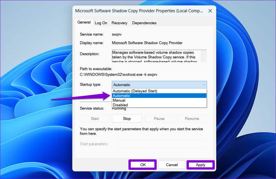 Change-Startup-Type-for-Windows-Service-1 أفضل 6 طرق لإصلاح عدم عمل استعادة النظام على Windows 11