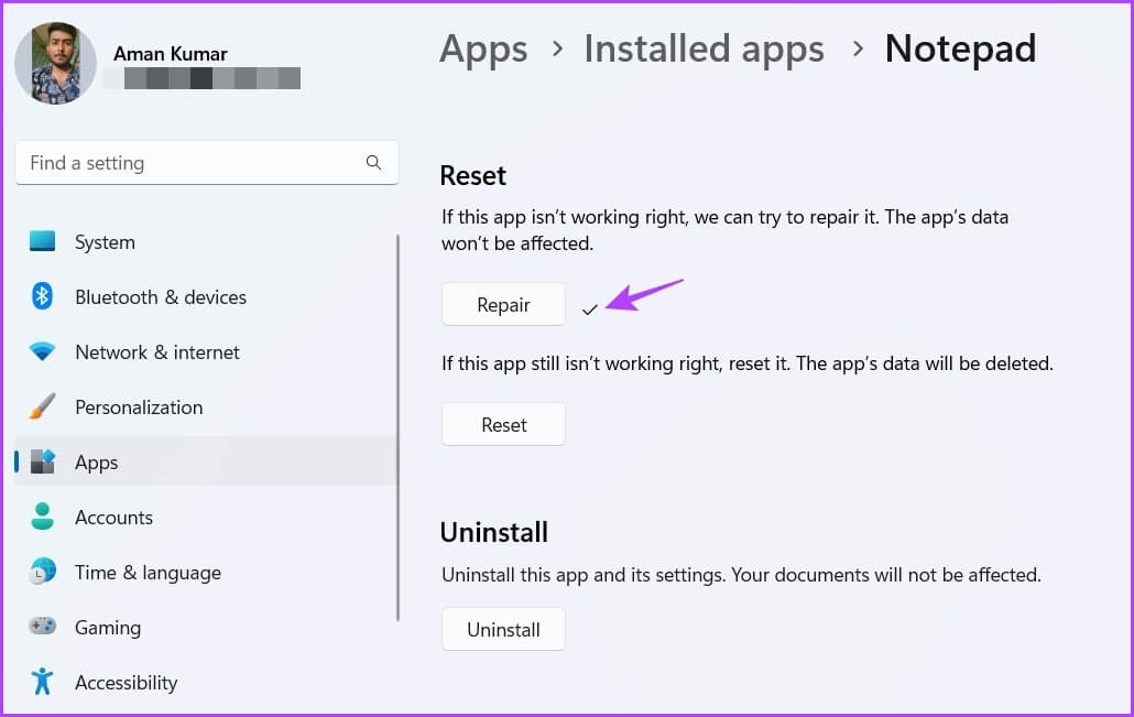 Checkmark كيفية إصلاح عدم فتح Notepad على Windows 11