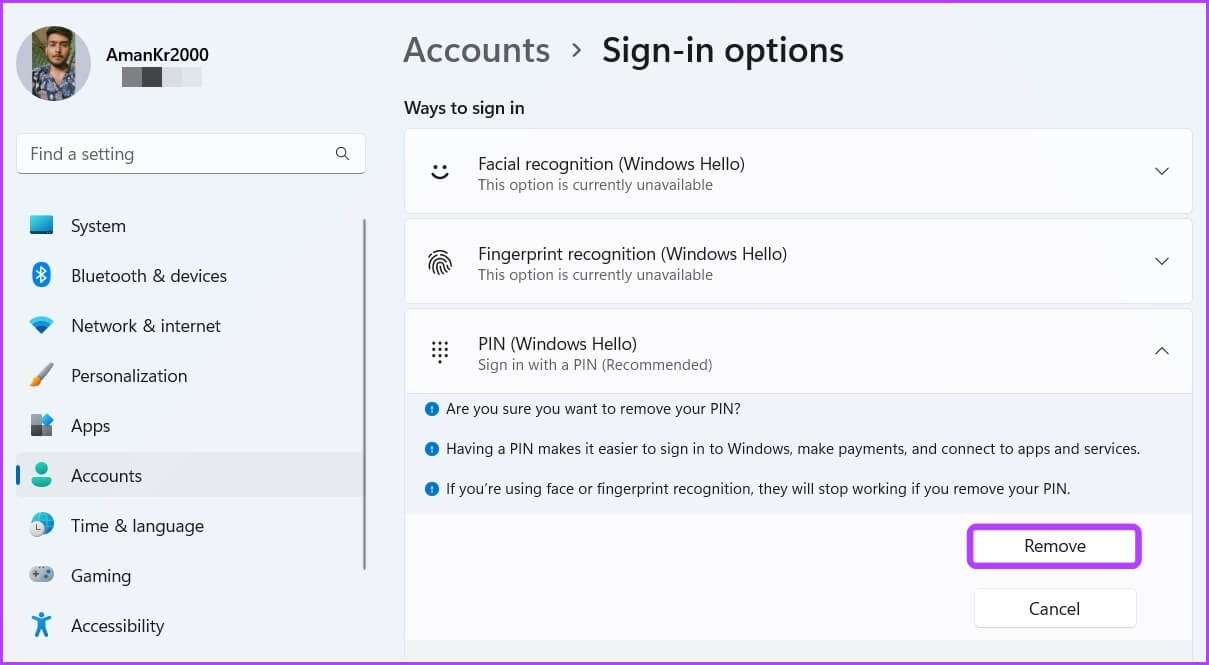 Choosing-Remove-option-again كيفية إزالة PIN عند تسجيل الدخول في Windows 11