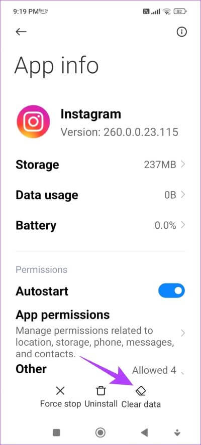 Clear-Data-5-1 11 طريقة لإصلاح خطأ تعذر نشر التعليق على تطبيق Instagram