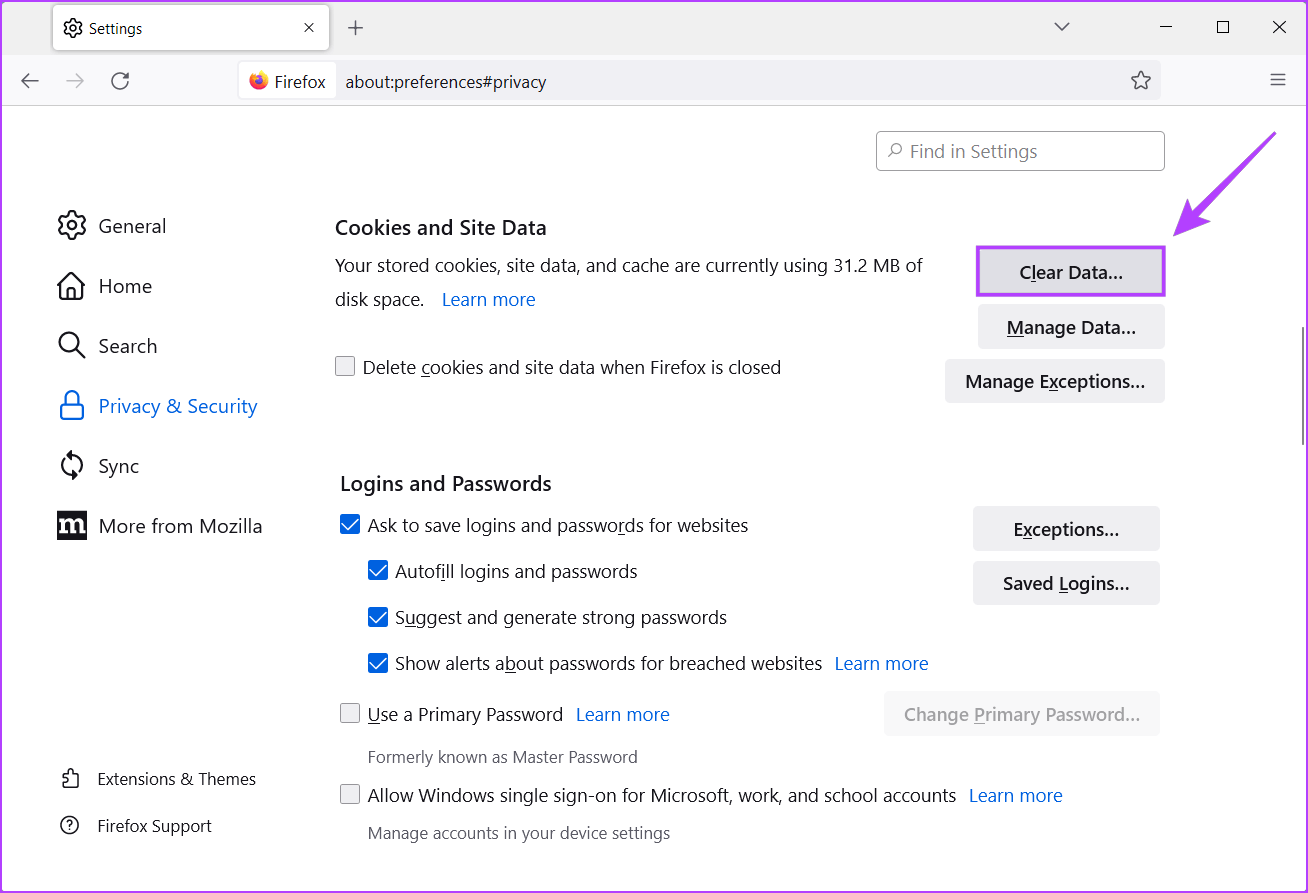 Click-Clear-Data أفضل 7 إصلاحات لاستخدام Firefox المرتفع لوحدة المعالجة المركزية CPU على Windows 11