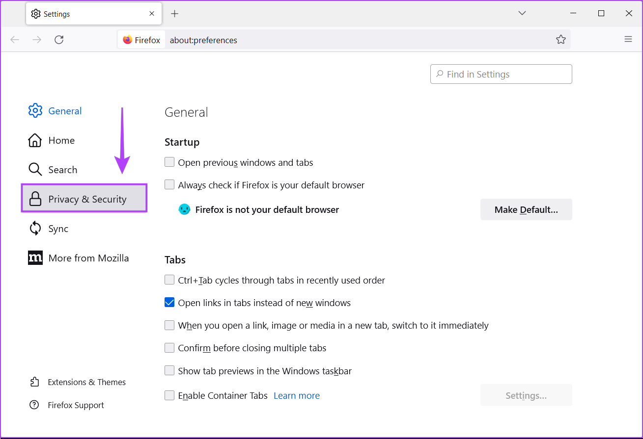 Click-Privacy-Security أفضل 7 إصلاحات لاستخدام Firefox المرتفع لوحدة المعالجة المركزية CPU على Windows 11