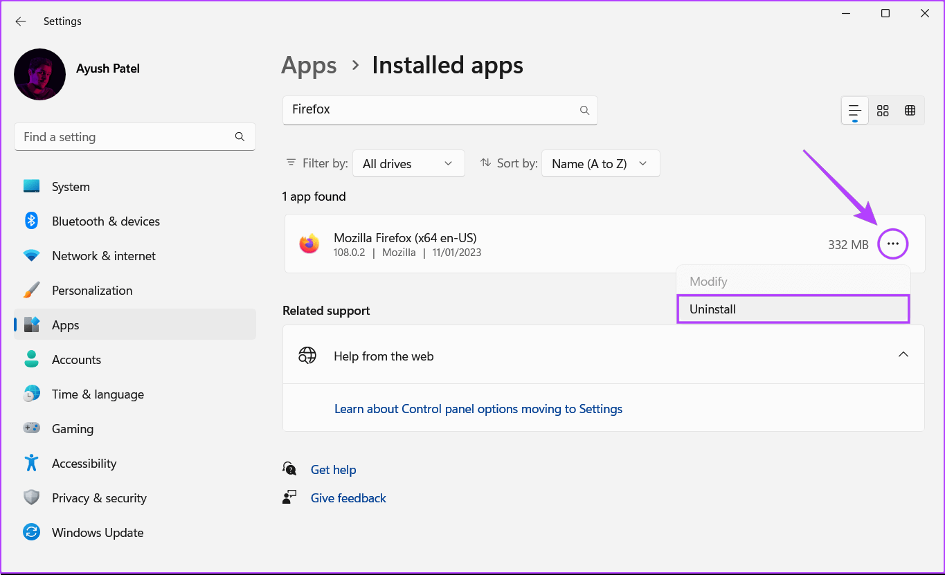 Click-Uninstall أفضل 7 إصلاحات لاستخدام Firefox المرتفع لوحدة المعالجة المركزية CPU على Windows 11