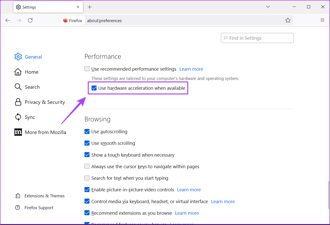 Click-Use-Hardware-Acceleration-When-Available أفضل 7 إصلاحات لاستخدام Firefox المرتفع لوحدة المعالجة المركزية CPU على Windows 11