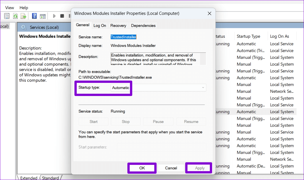 Configure-Windows-Modules-Installer-Service أفضل 6 طرق لإصلاح عدم تثبيت الميزات الاختيارية في Windows 11