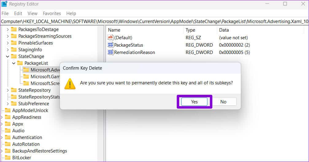 Confirm-Delete-Registry-Key-1 أفضل 7 طرق لإصلاح عدم عمل تطبيق الآلة الحاسبة في Windows 11