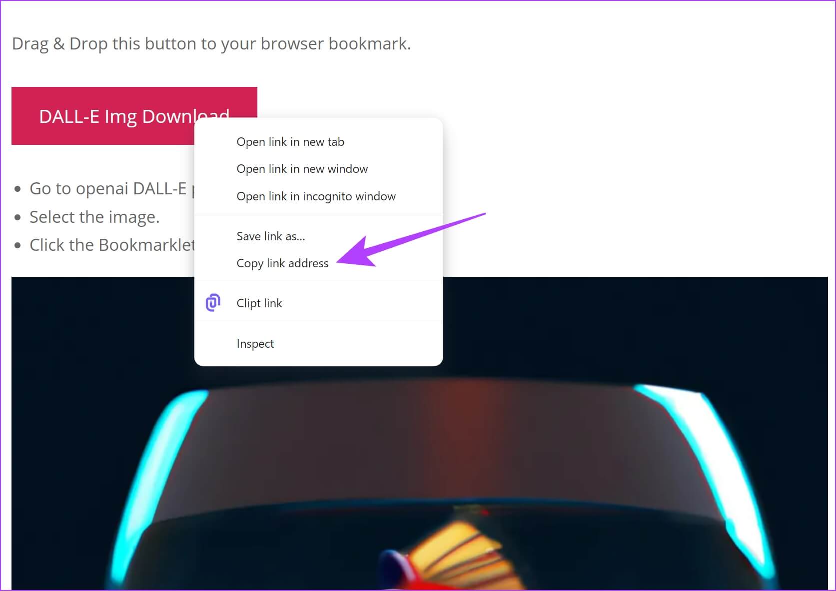 Copy-Link-Address كيفية حفظ صور Dall-E 2 بدون علامة مائية