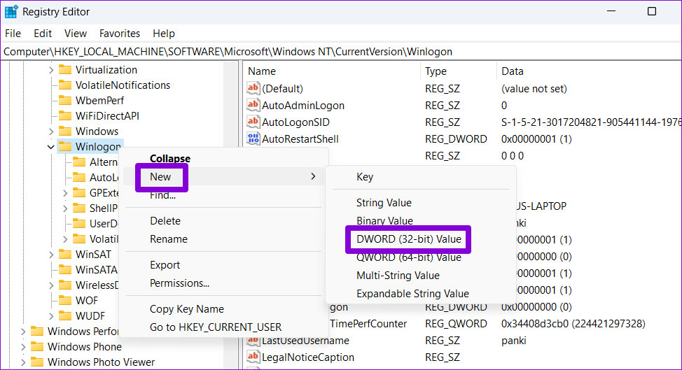 Create-New-DWORD-3 أفضل 3 طرق لتمكين أو تعطيل Ctrl+Alt+Delete لتسجيل الدخول الآمن على Windows 11