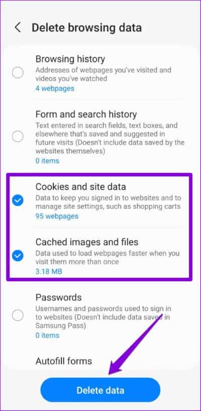 Delete-Browsing-Data-in-Samsung-Internet-1-501x1024-1 أفضل 7 طرق لإصلاح استمرار توقف متصفح الإنترنت من Samsung على Android