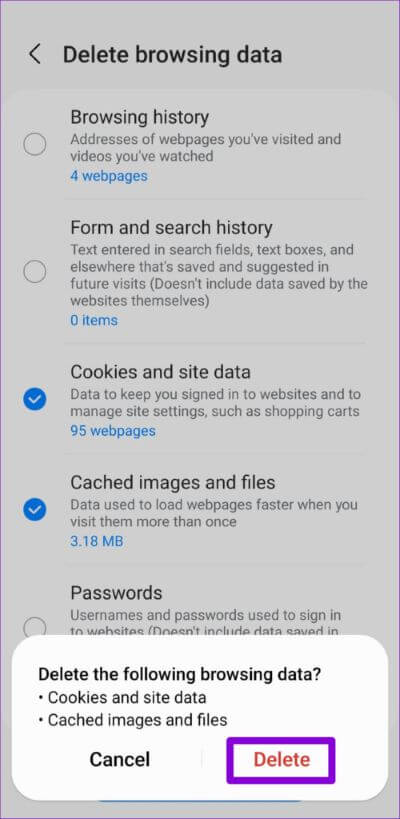 Delete-Cache-and-Cookies-in-Samsung-Internet-Browser-1-500x1024-1 أفضل 7 طرق لإصلاح استمرار توقف متصفح الإنترنت من Samsung على Android