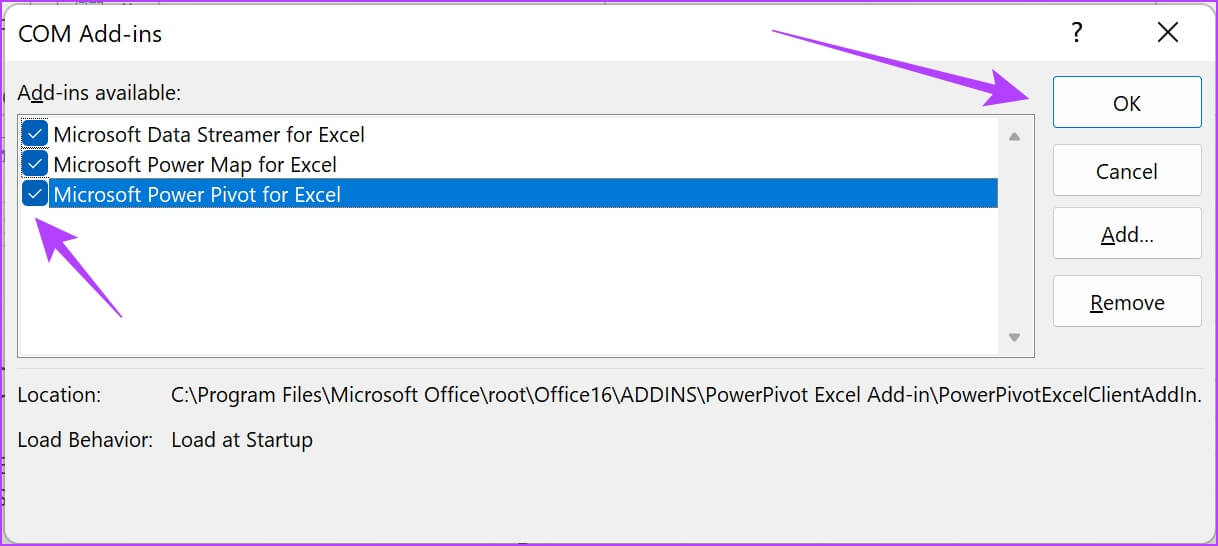 Deselect-Unwanted-COM-Add-Ins-Tap-on-OK 11 طريقة لإصلاح عدم التمرير السلس في Excel على Windows