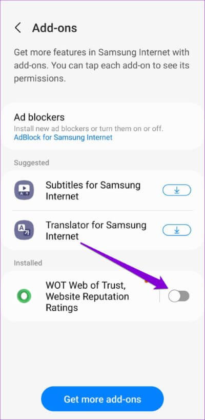 Disable-Add-ons-in-Samsung-Internet-Browser-1-500x1024-1 أفضل 7 طرق لإصلاح استمرار توقف متصفح الإنترنت من Samsung على Android