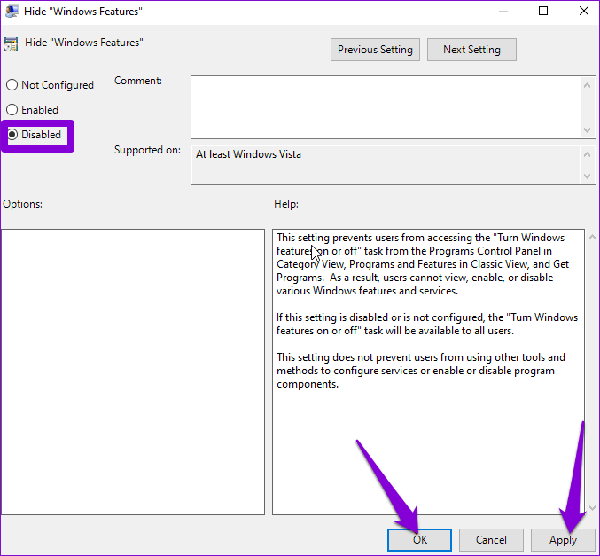 Disable-Hide-Windows-Features-Policy أفضل 6 طرق لإصلاح عدم تثبيت الميزات الاختيارية في Windows 11