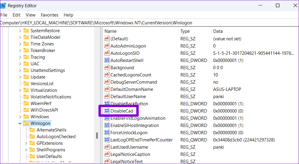 DisableCad-DWORD-in-Registry أفضل 3 طرق لتمكين أو تعطيل Ctrl+Alt+Delete لتسجيل الدخول الآمن على Windows 11