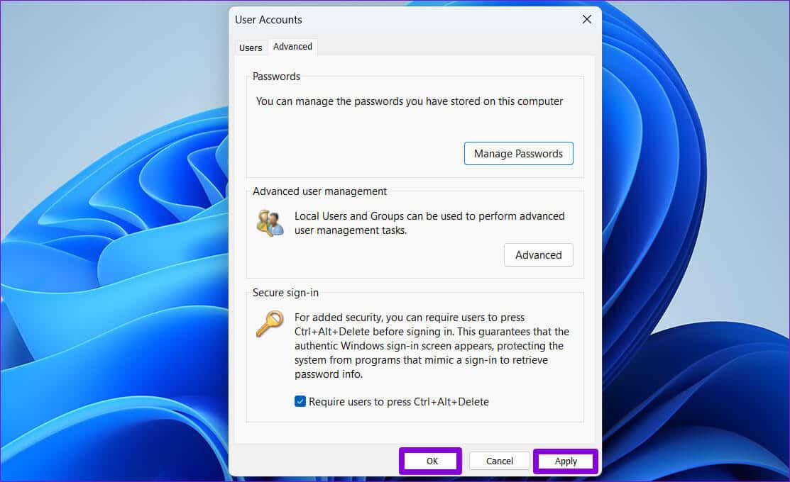 Enable-or-Disable-Secure-Sign-In-Netplwiz-Command-1 أفضل 3 طرق لتمكين أو تعطيل Ctrl+Alt+Delete لتسجيل الدخول الآمن على Windows 11