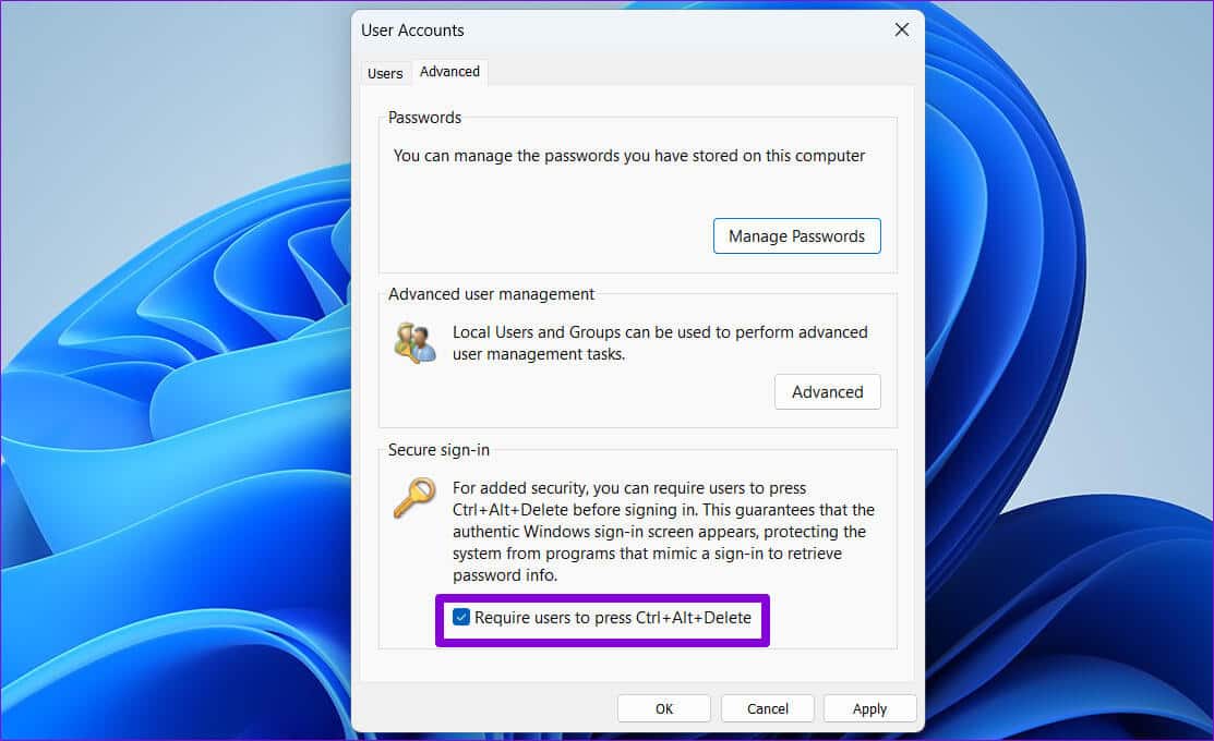 Enable-or-Disable-Secure-Sign-In-via-Netplwiz-Command-1 أفضل 3 طرق لتمكين أو تعطيل Ctrl+Alt+Delete لتسجيل الدخول الآمن على Windows 11