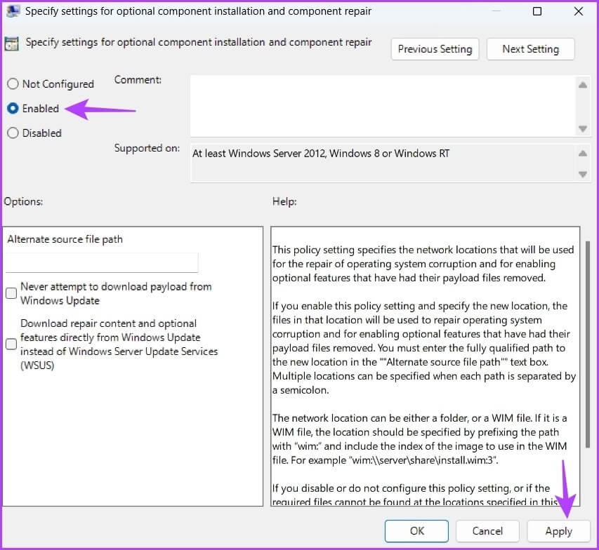 Enabled-option أفضل 7 إصلاحات لخطأ 0x800f081f عند تحديث Windows في Windows 11